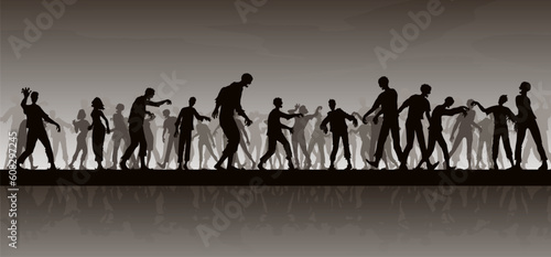 A lot of zombies walking around the street looking for something, a crowd of zombies, vector illustration