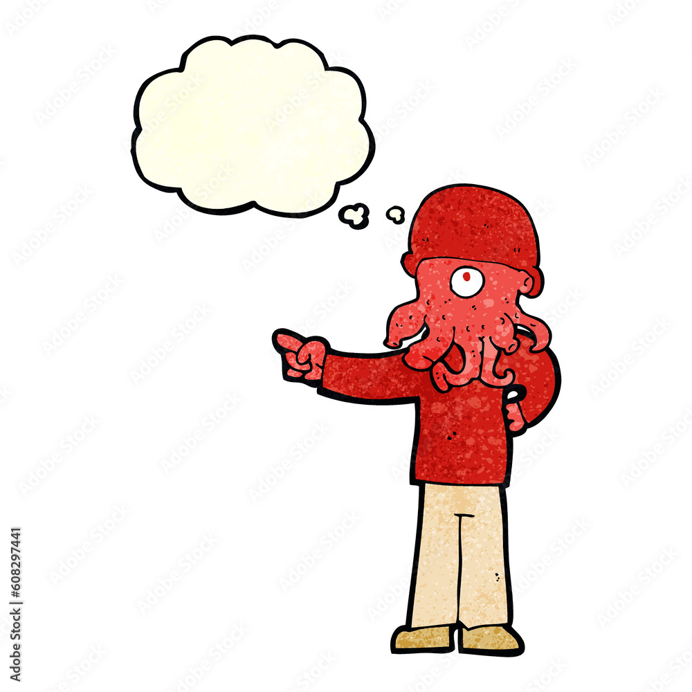 Obraz premium cartoon alien monster man with thought bubble