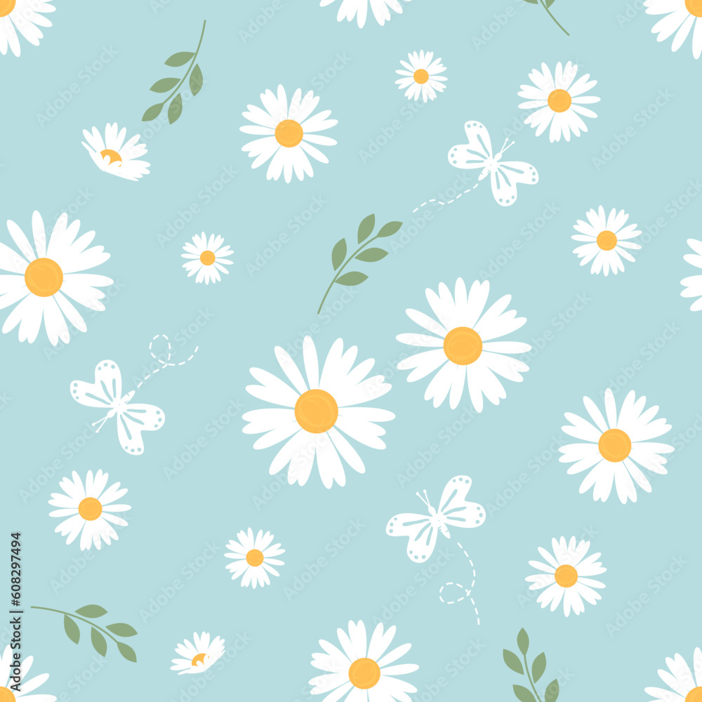 Seamless pattern with daisy flower, green leaves and butterflies on green background vector. Seamless pattern with daisy flower, green leaves and butterflies on green background vector.