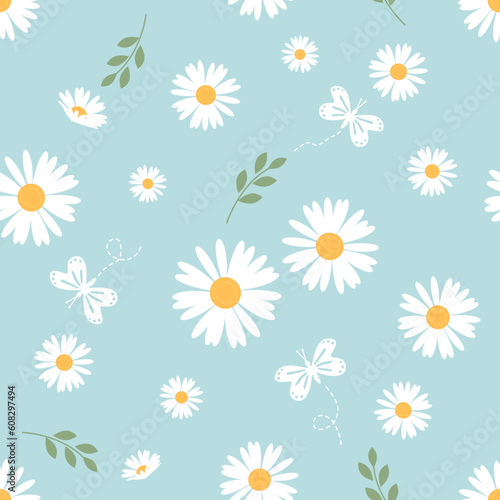 Seamless pattern with daisy flower, green leaves and butterflies on green background vector.