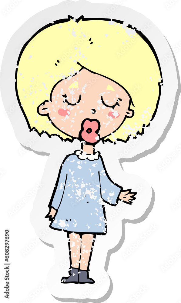 retro distressed sticker of a cartoon woman explaining her point retro distressed sticker of a cartoon woman explaining her point