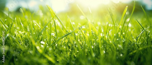 Beautiful wide format natural background macro image of young juicy green grass in bright summer spring morning sunlight