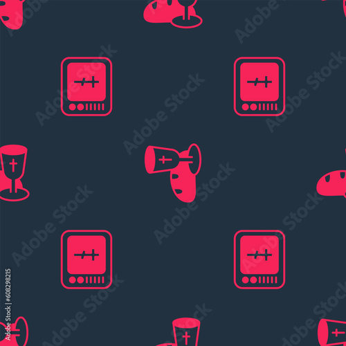 Set Online church pastor preaching and Goblet and bread on seamless pattern. Vector