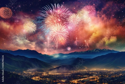 Independence day vibrant fireworks over the cityscape in the night sky, Generative AI
