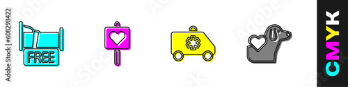 Set Free overnight stay house, Location with heart, Emergency car and Heart dog icon. Vector
