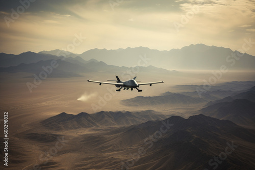 close up of an unarmed military reconnaissance drone in the sky flying over a desert made with Generative AI