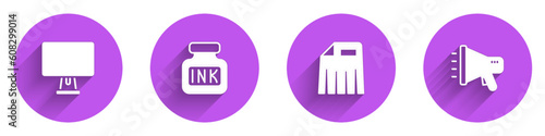 Set Computer monitor, Inkwell, Paper shredder and Megaphone icon with long shadow. Vector