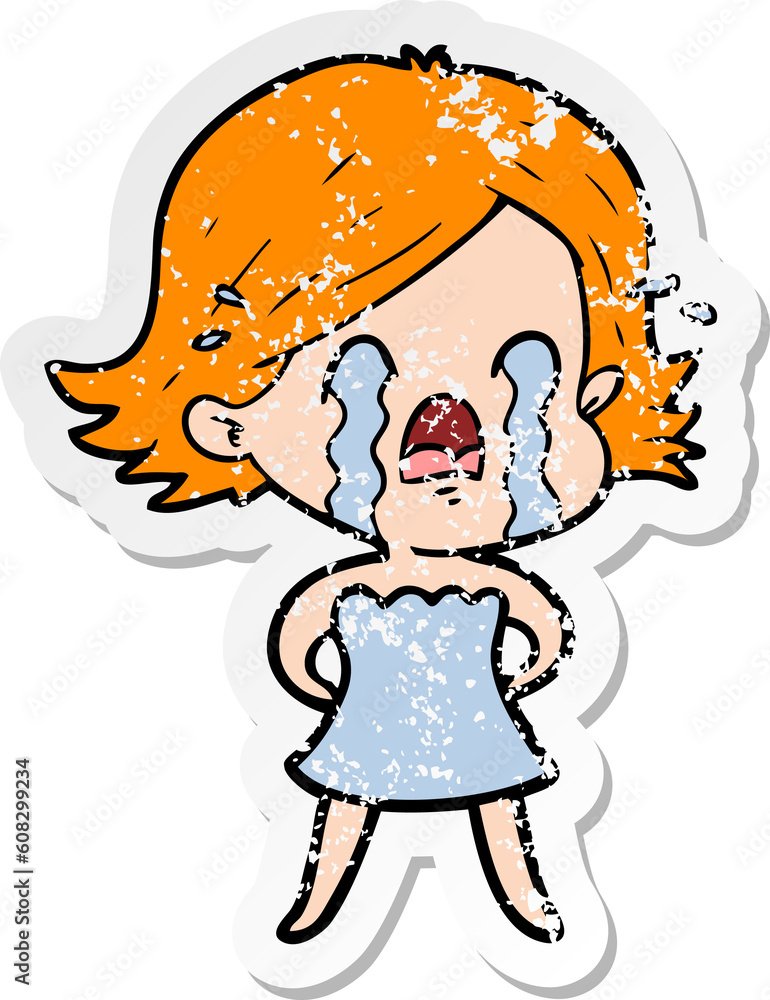 Obraz premium distressed sticker of a cartoon woman crying