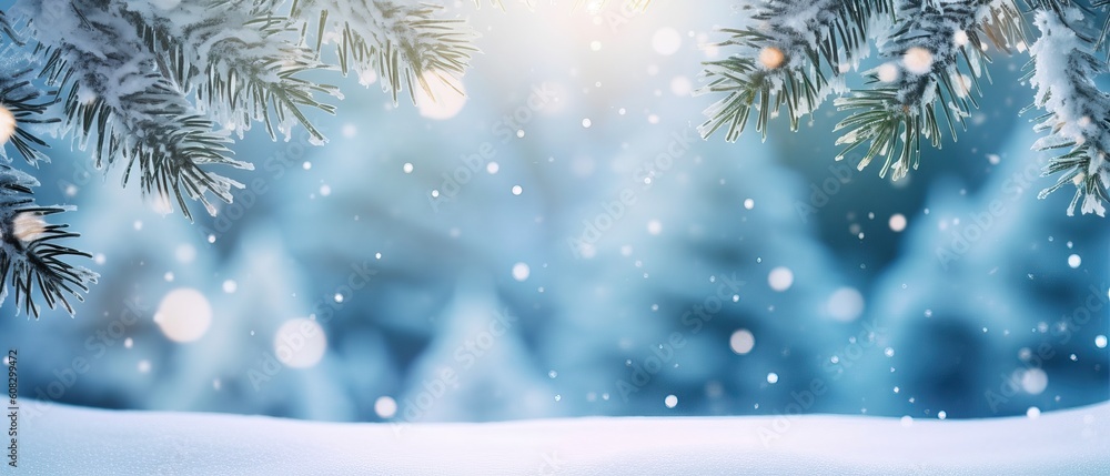 Beautiful winter background image of frosted spruce branches and small drifts of pure snow with bokeh Christmas lights and space for text