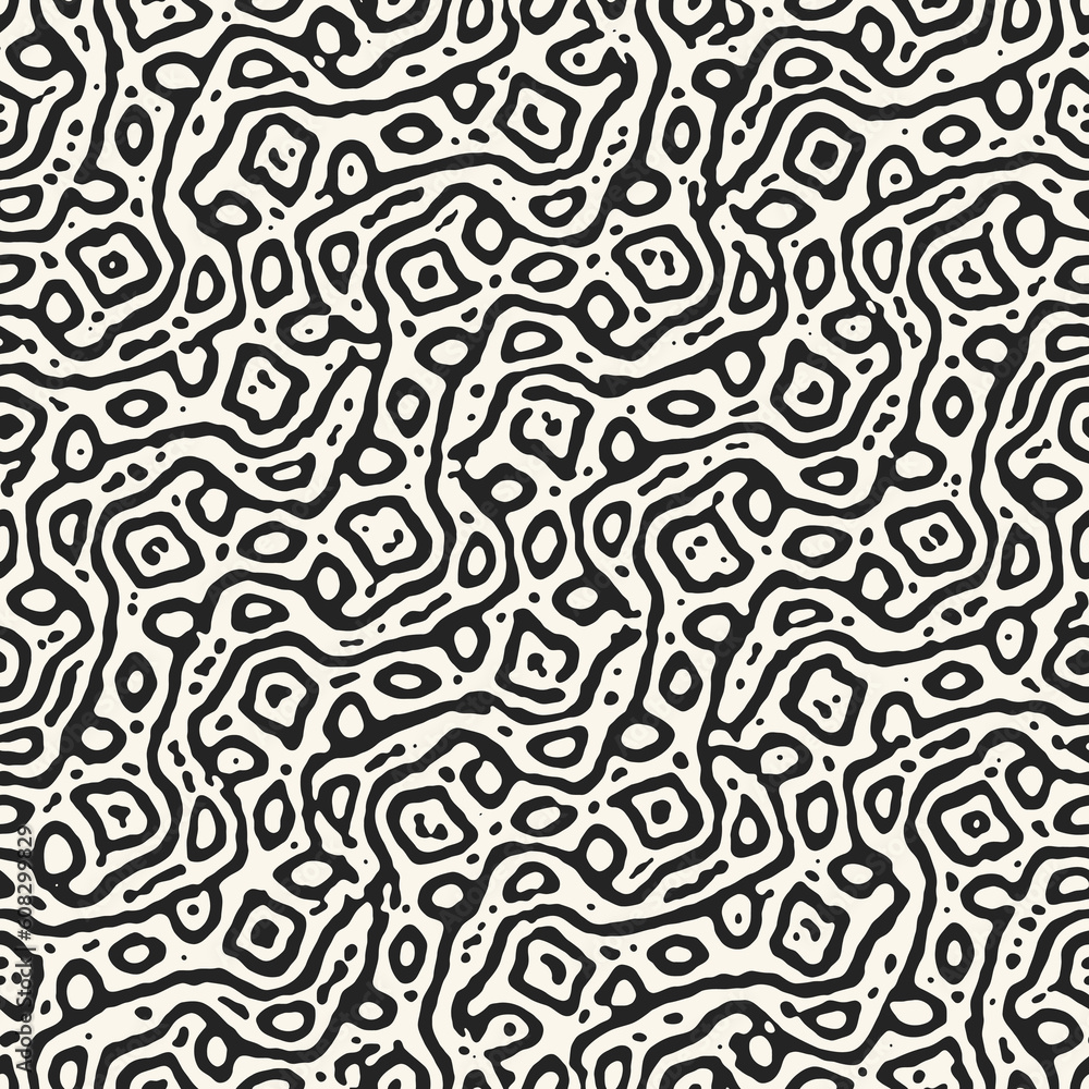 Ink Drawn Ornate Contoured Graphic Motif Mottled Textured Pattern