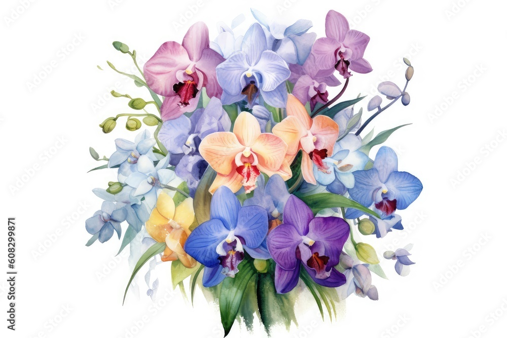 Fototapeta premium Orchid Bouquet detailed watercolor painting. Generative AI