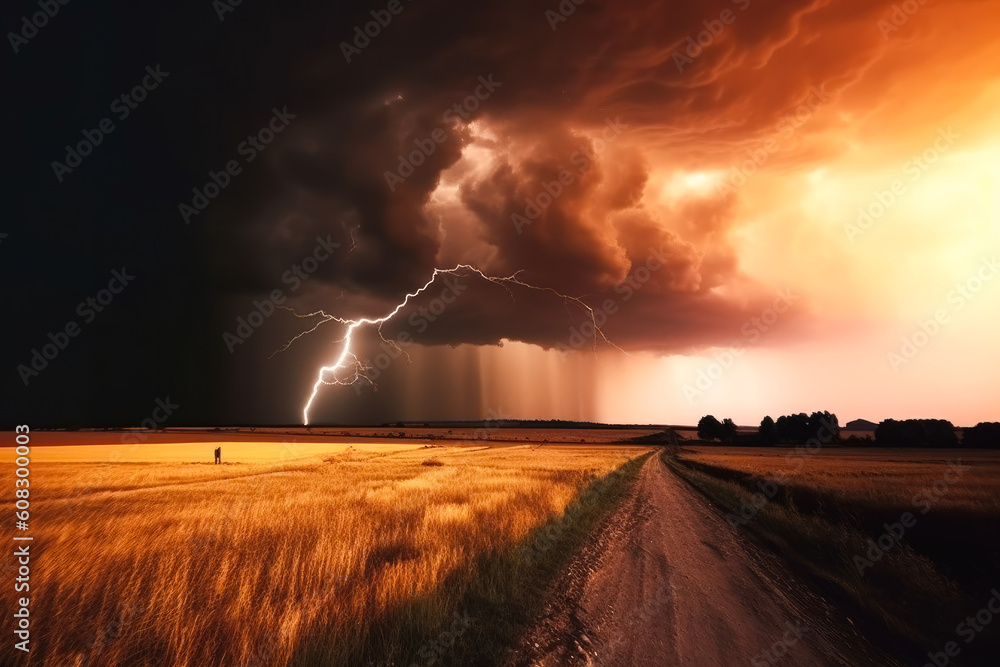 Storm with heavy lightning and wind over the fields, undergoing thunderstorm , very dramatic scene. Generative AI