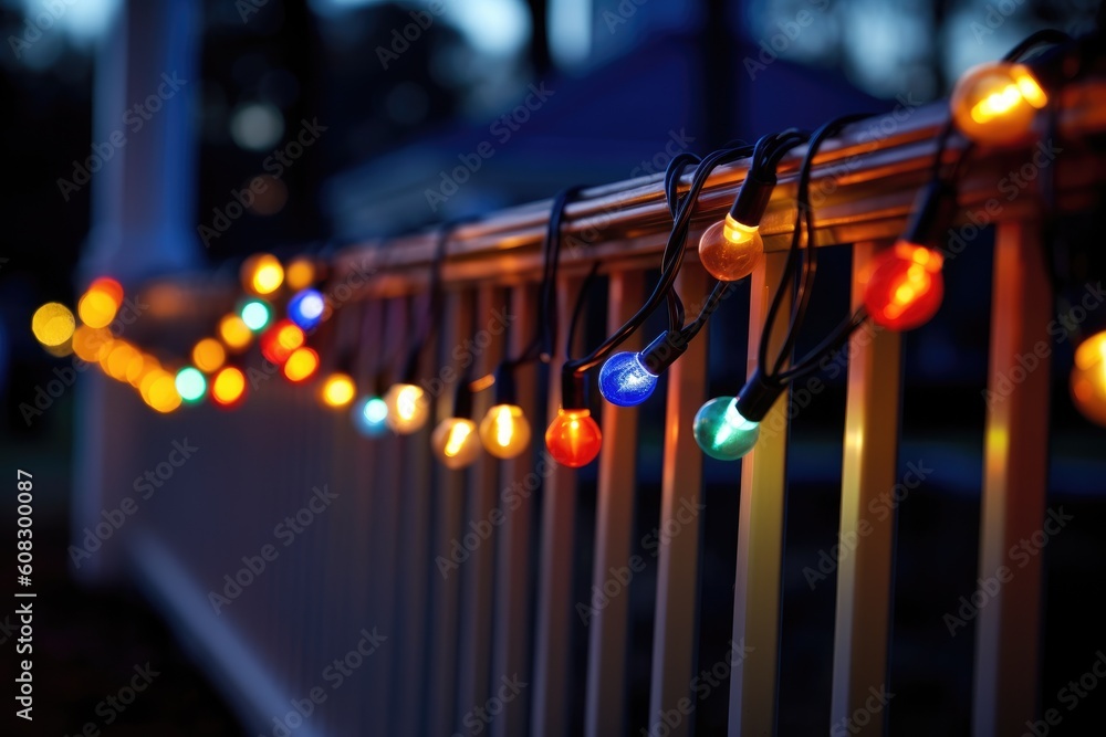 decoration of a porch railing wrapped with a string of patriotic lights on the 4th of july, Generative AI