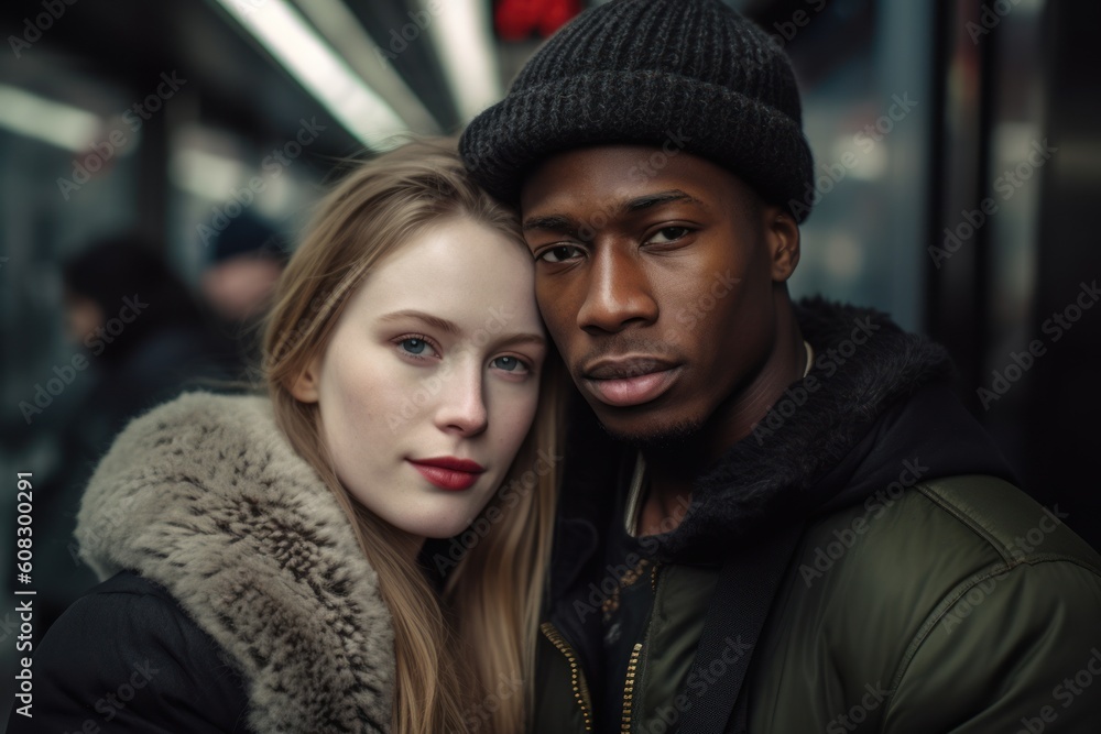 street photo young black man and white girl together, ai tools generated image