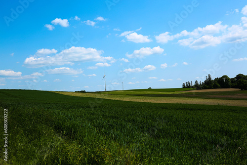Fields with blue sky, clouds and trees in the Dachau hinterland, Bavaria, near Munich