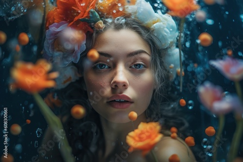 creative portrait of a young beautiful girl underwater with fishes and flowers, ai tools generated image