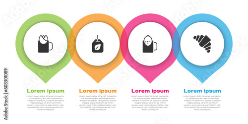 Set Cup of tea with rose, Tea bag leaf, lemon and Croissant. Business infographic template. Vector