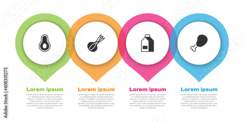 Set Avocado fruit, Onion, Paper package for milk and Chicken leg. Business infographic template. Vector