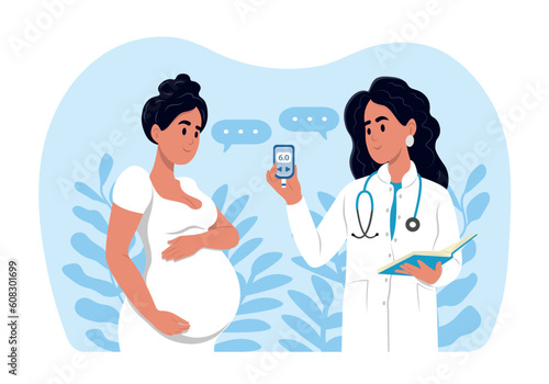 A young smiling female doctor measures the sugar level of a pregnant woman with a glucometer. Diabetes in pregnant women. World Diabetes Day. Gynecologist and obstetrician consultation.