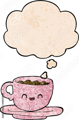 cartoon hot cup of coffee with thought bubble in grunge texture style