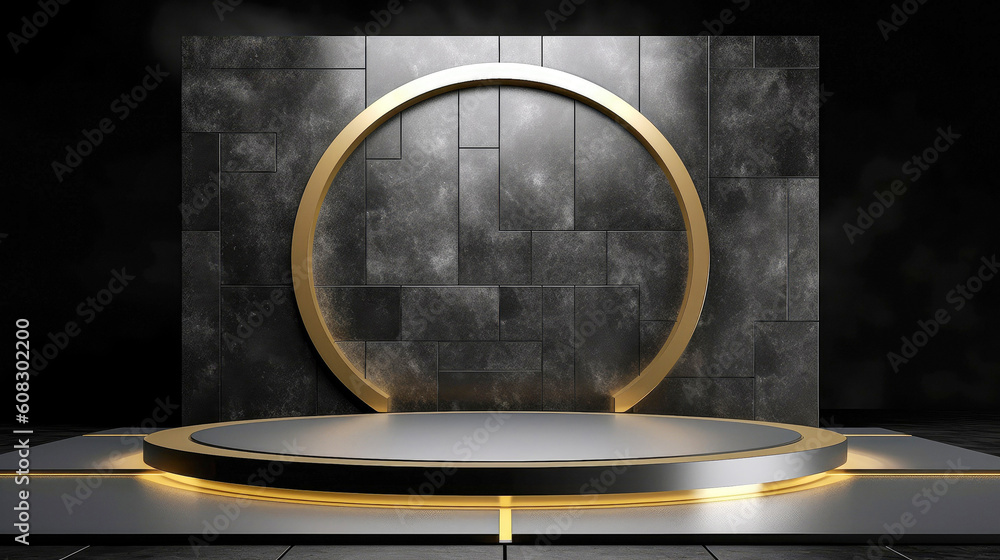 product podium on gray color with reflective gold metal details. stage or pedestal display. luxury stone mosaic background. Generative AI