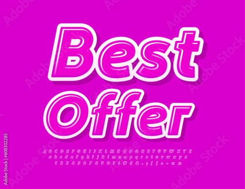 Vector promo banner Best Offer. Pink Glossy Font. Bright Alphabet Letters, Numbers and Symbols set