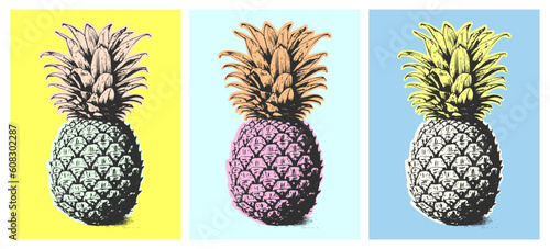 Pineapple Vector illustration Set. Exotic Tropical Fruit. Hand Drawn. Pop Art. Artificial Art