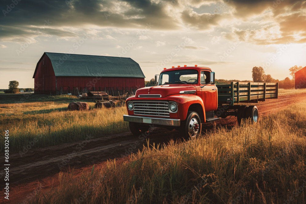 an old red truck is parked on the road of an agricultural farm in front of a barn. sunset with clouds, Generative AI