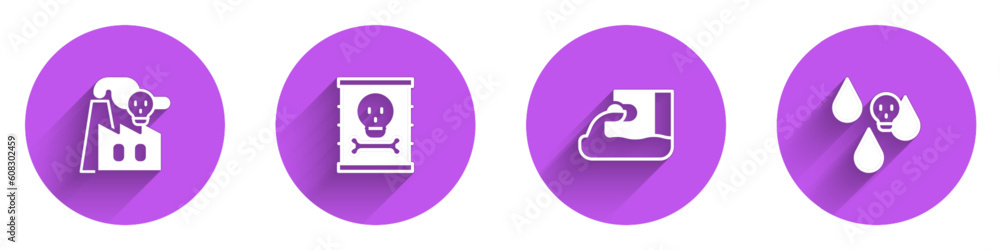 Set Smoke from factory, Radioactive waste in barrel, Wastewater and Acid rain icon with long shadow. Vector Set Smoke from factory, Radioactive waste in barrel, Wastewater and Acid rain icon with long shadow. Vector