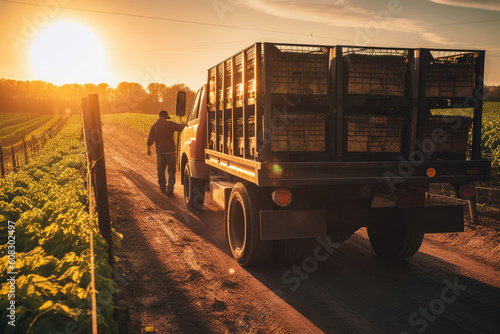 farm truck carries farm workers or farm supplies to various locations on the farm. Golden hour with warm, soft lighting. Evening. Generative AI photo