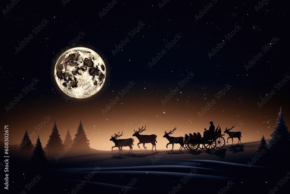 A team of reindeer carries Santa in a sleigh through the sky. Generative ai A team of reindeer carries Santa in a sleigh through the sky. Generative ai
