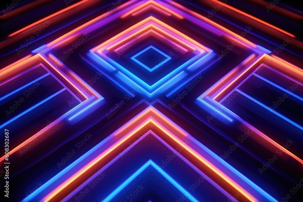 Fototapeta premium Futuristic technology abstract background with lines for network, big data, data center, server, internet, speed. Psychedelic neon lights. Fluorescent purple, violet, orange and blue. Ai Generative