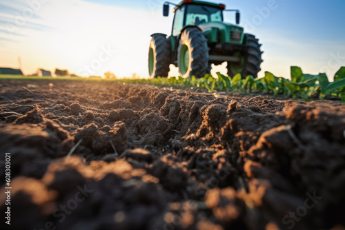worms eye view, green tractor stands on the field in early morning, Generative AI