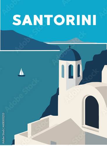 Santorini landscape, stunning, summer, blue sea. Vector poster. T-shirt print image