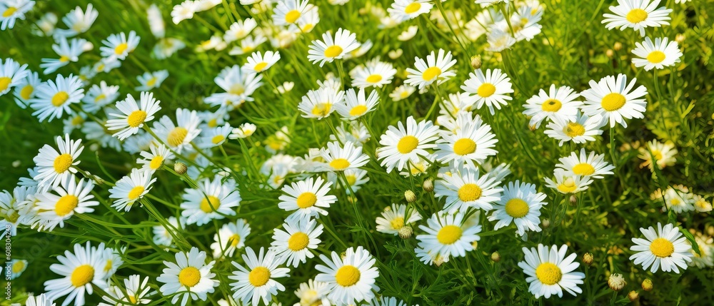 Fototapeta premium Field of daisies top view. Texture natural background of many flowers chamomile in meadow in grass