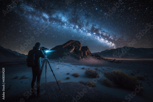 photographer and night stars landscape. AI Generated
