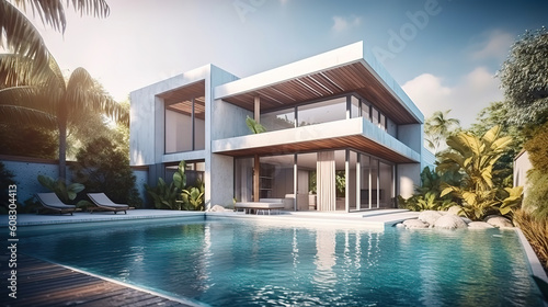 Modern villa with pool and garden. Generative Ai