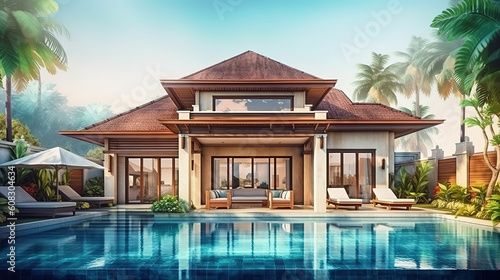 Home or house building Exterior and interior design showing tropical pool. Generative Ai © hassanmim2021