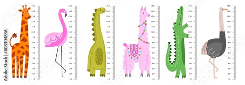 Kids cute growth rulers. Funny exotic animals, child height measuring, cartoon dinosaur, giraffe, ostrich, crocodile and llama, vector set