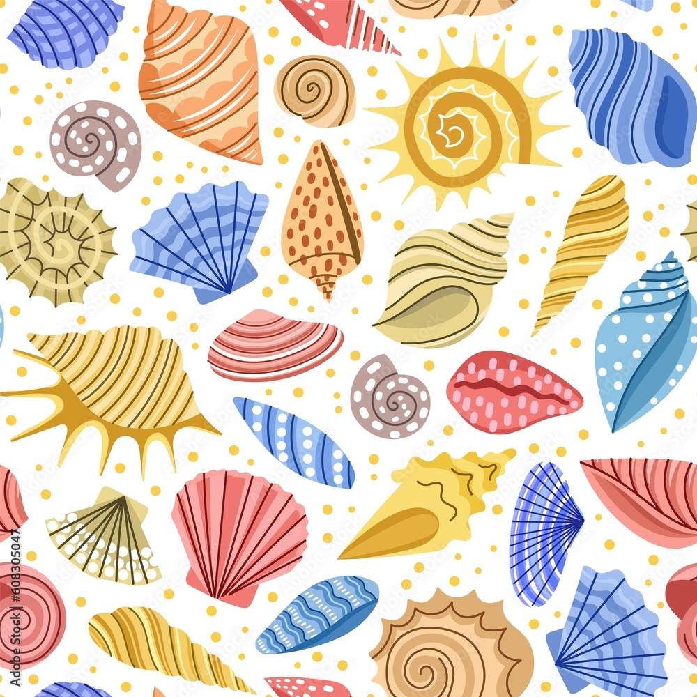 Seashells repeated background. Tropical ocean and marine mineral formations, color doodle style, cartoon shells, vector seamless pattern Seashells repeated background. Tropical ocean and marine mineral formations, color doodle style, cartoon shells, vector seamless pattern