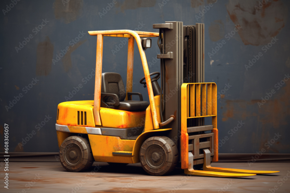 yellow forklift illustration on the background of a blue old torn wall, Generative AI