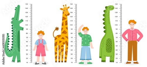 Little boy measures height. Growth lines with funny animals, gradual child maturation, cute crocodile, giraffe and dinosaur, vector poster