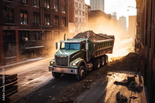 Dump Truck hauling debris away from a demolition site, in the morning light of an urban environment, Generative AI photo