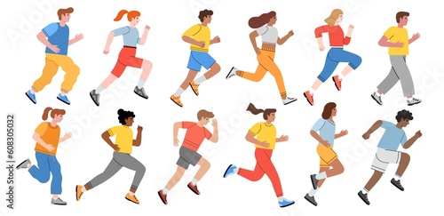 Running men and women. Cartoon people participate in marathon, athletes compete, sportive persons, fitness characters, jogging, vector set