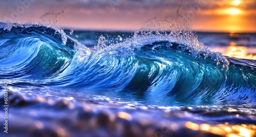 A stunning sunset over a calm ocean with waves crashing against the shore. 