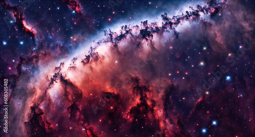 Stunning view of the Carina Nebula, a large star-forming region in the Milky Way Galaxy. The bright red and blue colors of the neb - created with Generative AI - hot and dishy image of Night sky Uni