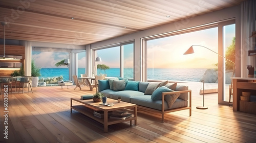 Sea view kitchen, dining and living room of luxury beach house. Generative Ai