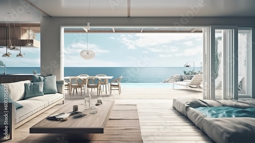 Sea view kitchen  dining and living room of luxury beach house. Generative Ai