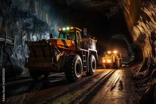 underground loader works in a mine tunnel. Dusty and humid with low light, Generative AI photo
