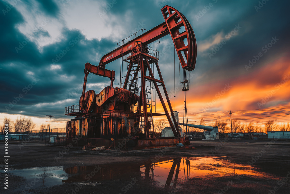 pumping unit drives the reciprocating motion necessary for oil extraction, surrounded by other drilling equipment, Generative AI pumping unit drives the reciprocating motion necessary for oil extraction, surrounded by other drilling equipment, Generative AI